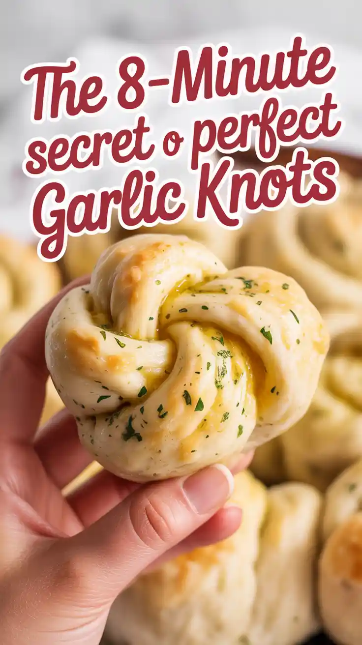 A Pinterest pin with the text "The 8-Minute Secret to Perfect Garlic Knots" over a photo of a delicious, fluffy garlic knot.