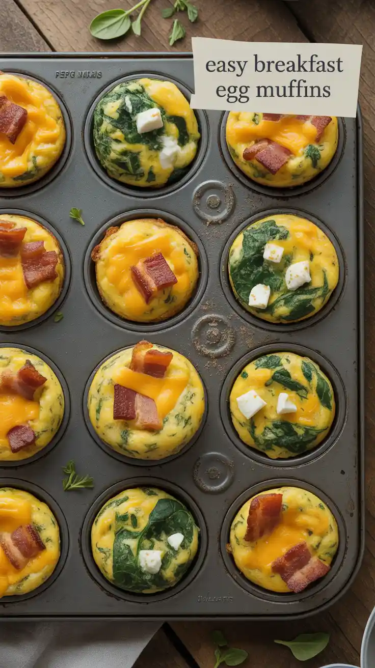 A muffin tin filled with various colorful baked egg muffins, with the text "Easy Breakfast Egg Muffins" overlaid.