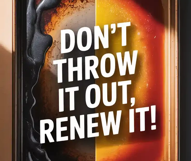 A Pinterest pin with the text "Don't Throw It Out, RENEW It!" over a dramatic before-and-after image of a dirty and a clean baking sheet