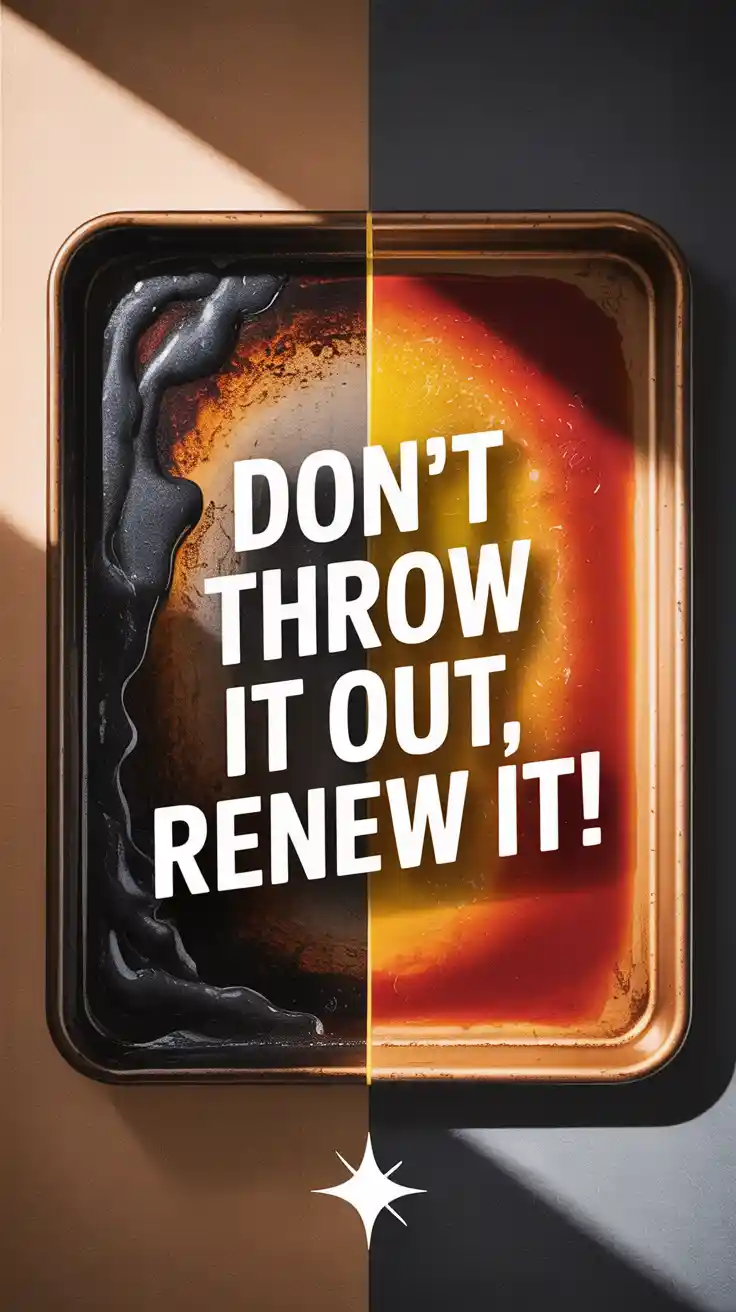A Pinterest pin with the text "Don't Throw It Out, RENEW It!" over a dramatic before-and-after image of a dirty and a clean baking sheet