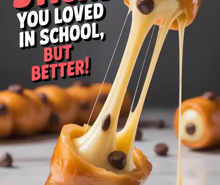A Pinterest pin with the text "The Bosco Sticks You Loved in School, But Better!" over a photo of a Bosco Stick with a long cheese pull.