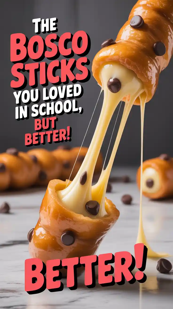 A Pinterest pin with the text "The Bosco Sticks You Loved in School, But Better!" over a photo of a Bosco Stick with a long cheese pull.