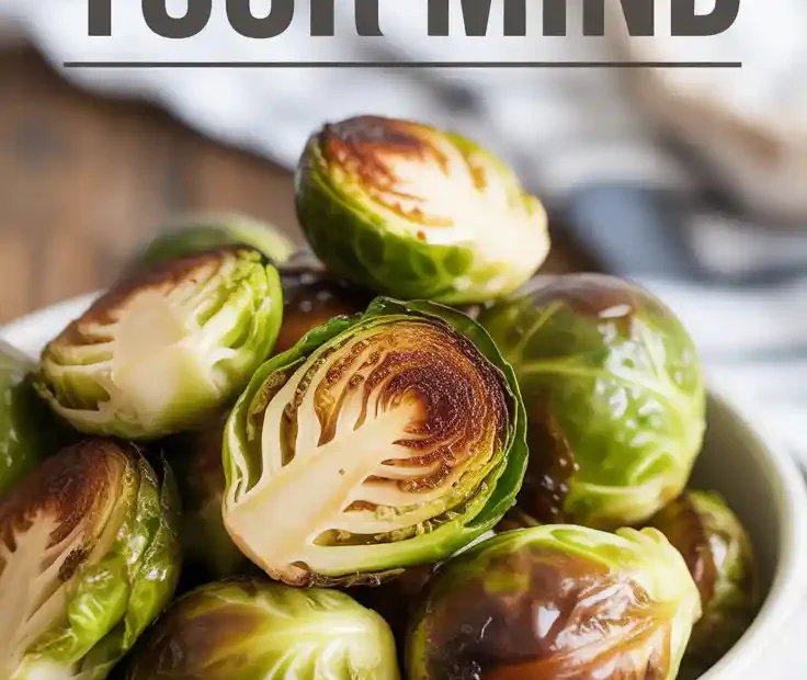 A Pinterest pin with text "The Brussel Sprouts That Will Change Your Mind" over a photo of crispy air-fried brussel sprouts.
