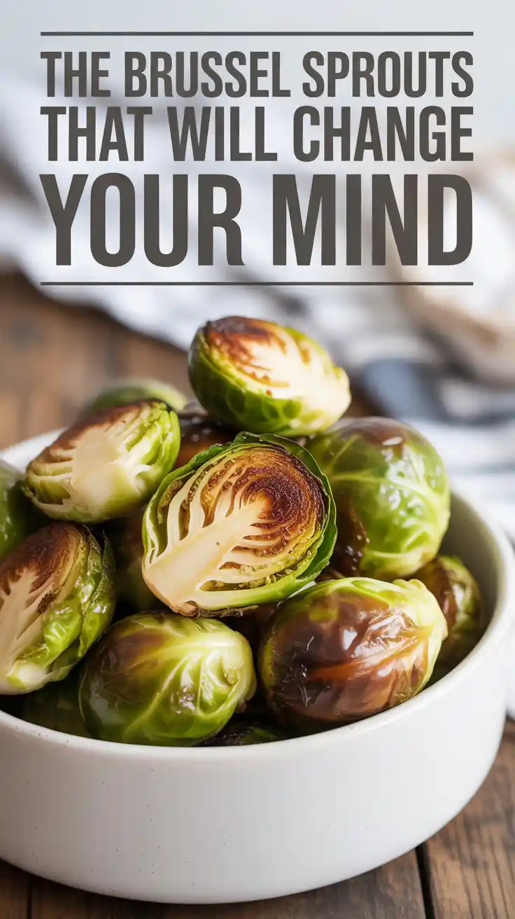 A Pinterest pin with text "The Brussel Sprouts That Will Change Your Mind" over a photo of crispy air-fried brussel sprouts.