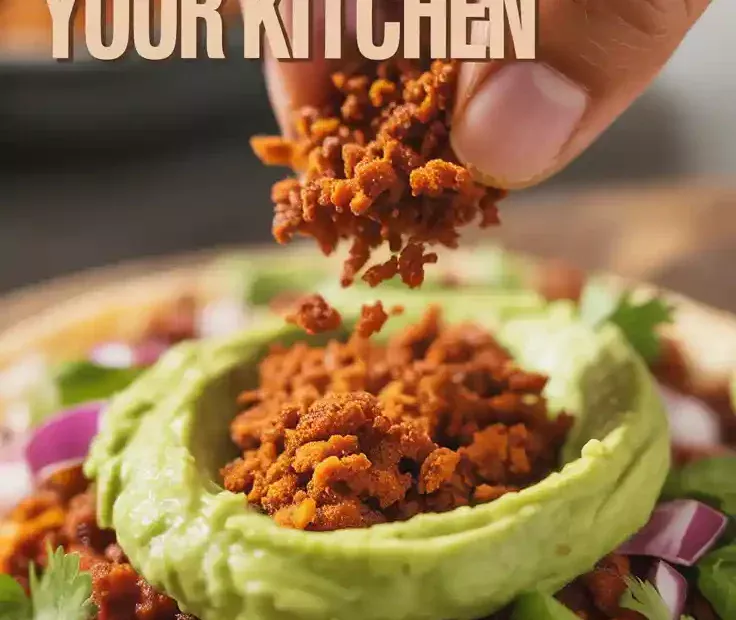 A bold and vibrant Pinterest pin (9:16) with the text "The Chorizo Hack That Saves Your Kitchen" in a fun, eye-catching font. The background is a delicious, close-up shot of crispy chorizo crumbles being added to a taco.