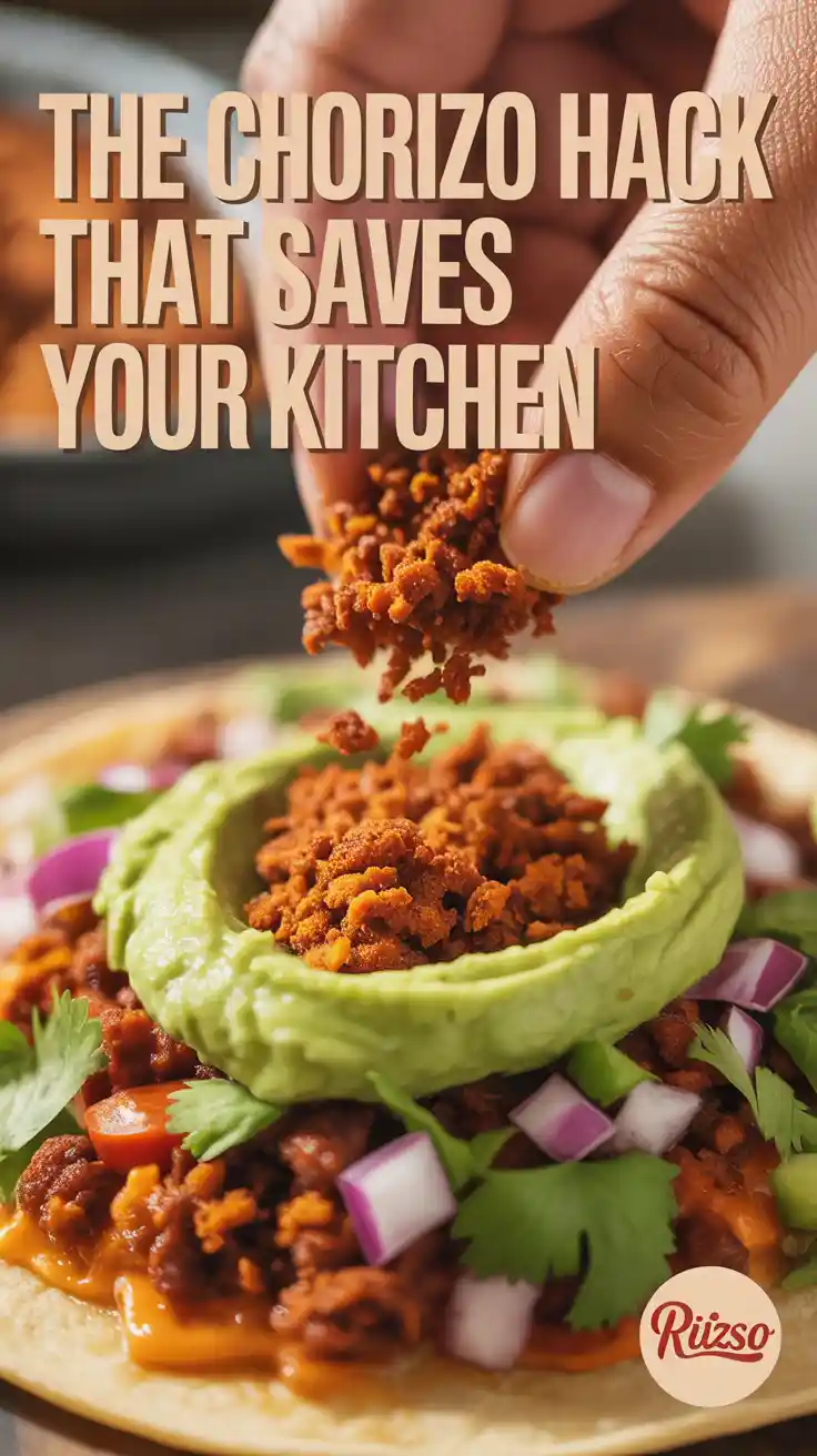 A bold and vibrant Pinterest pin (9:16) with the text "The Chorizo Hack That Saves Your Kitchen" in a fun, eye-catching font. The background is a delicious, close-up shot of crispy chorizo crumbles being added to a taco.