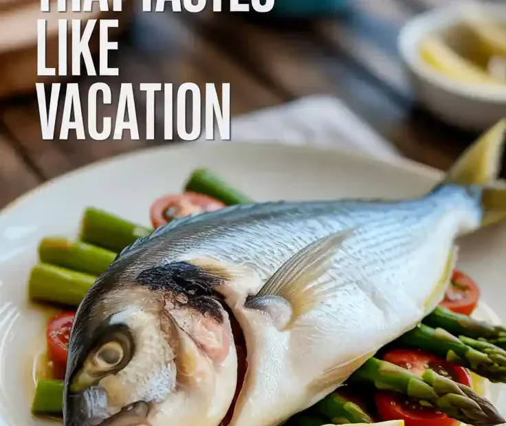 A Pinterest pin with the text "The 20-Minute Fish Dinner That Tastes Like Vacation" over a photo of a perfectly cooked dorado fish fillet.