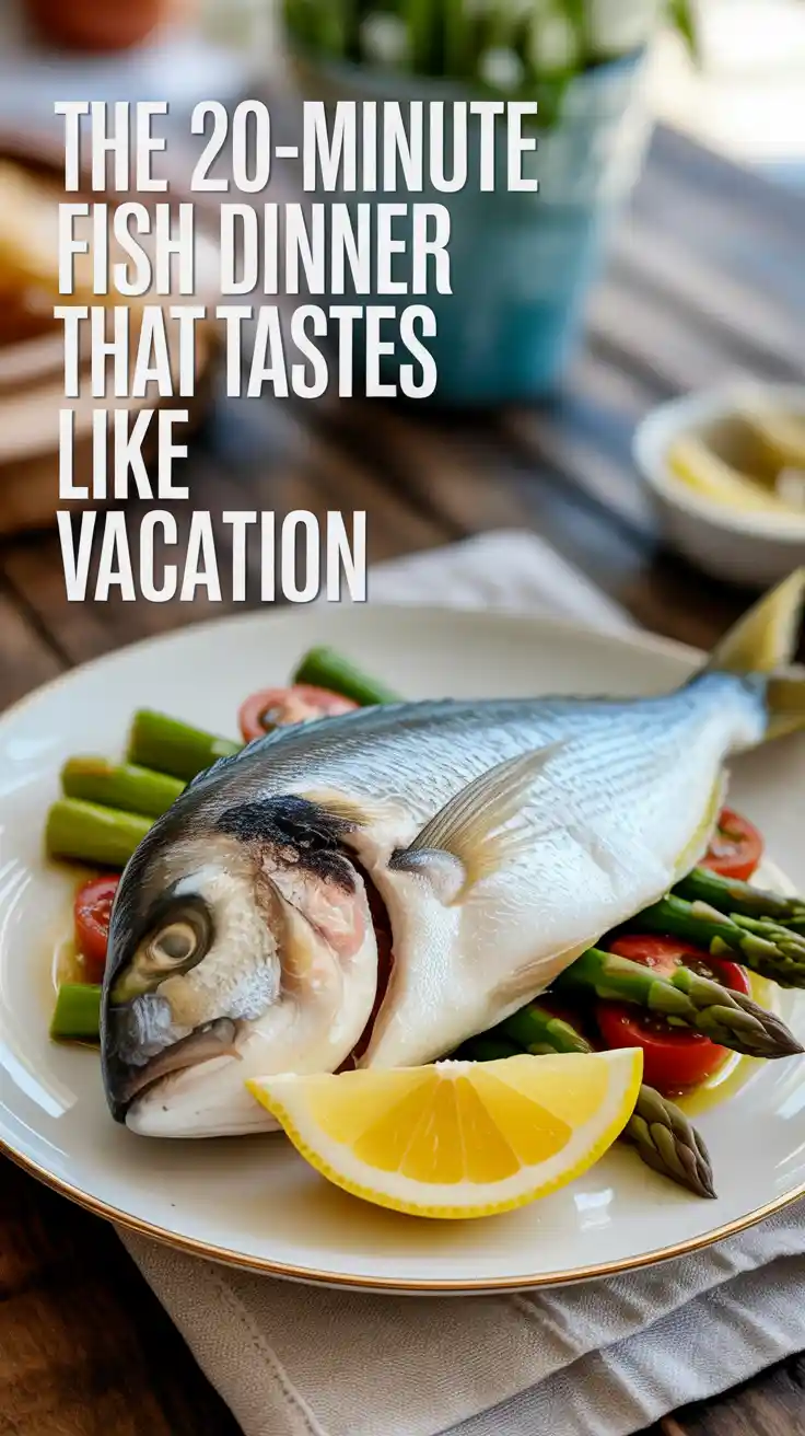 A Pinterest pin with the text "The 20-Minute Fish Dinner That Tastes Like Vacation" over a photo of a perfectly cooked dorado fish fillet.