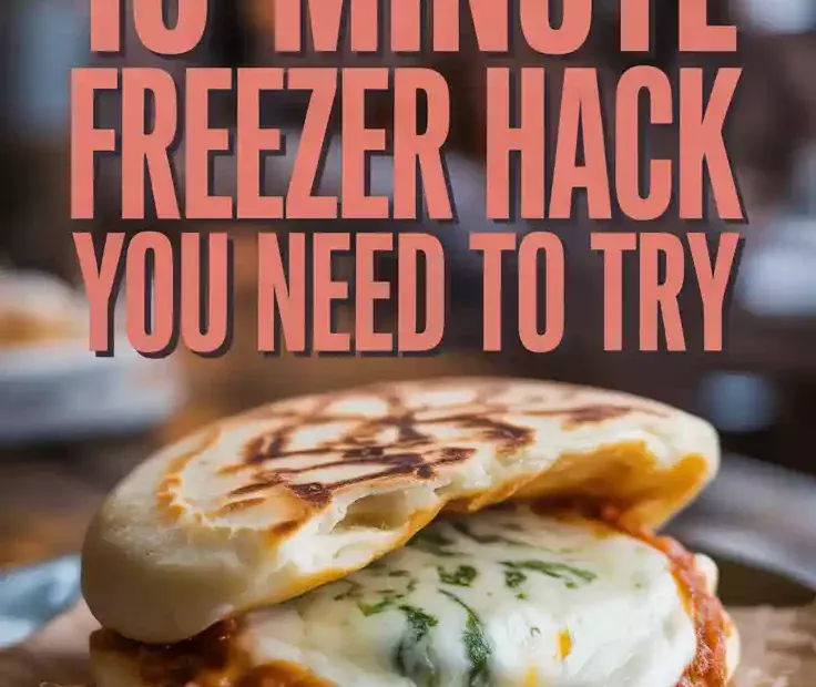 A Pinterest pin with the text "The 10-Minute Freezer Hack You NEED to Try" over a photo of a cheesy, stuffed arepa.