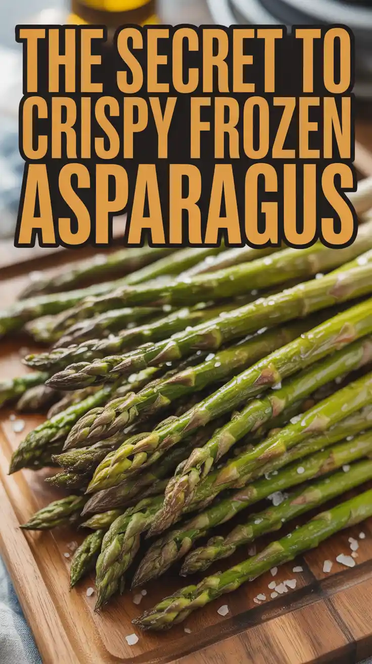A Pinterest pin with the text "The Secret to CRISPY Frozen Asparagus" over a photo of delicious, roasted asparagus.