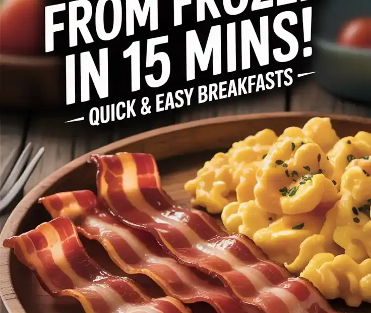 A Pinterest pin with the text "Forgot to Thaw? Cook Bacon From FROZEN in 15 Mins!" over a photo of a bacon and egg breakfast.