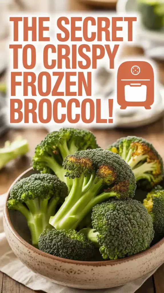 A Pinterest pin with the text "The Secret to CRISPY Frozen Broccoli" over a photo of a bowl of delicious, roasted broccoli.