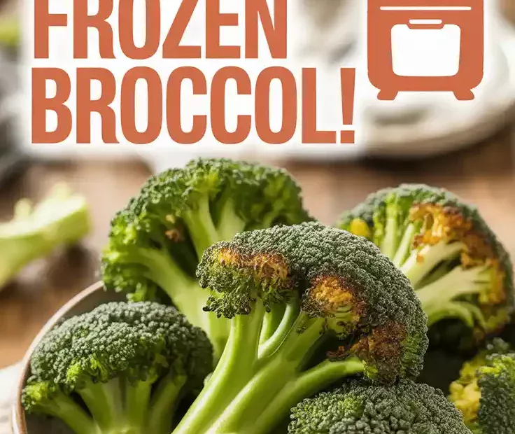 A Pinterest pin with the text "The Secret to CRISPY Frozen Broccoli" over a photo of a bowl of delicious, roasted broccoli.