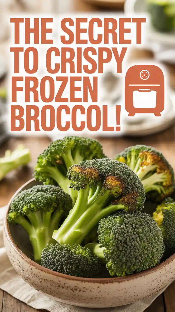 A Pinterest pin with the text "The Secret to CRISPY Frozen Broccoli" over a photo of a bowl of delicious, roasted broccoli.