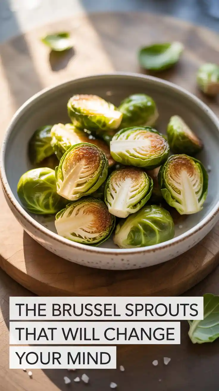A Pinterest pin with text "The Brussel Sprouts That Will Change Your Mind" over a photo of crispy air-fried brussel sprouts.