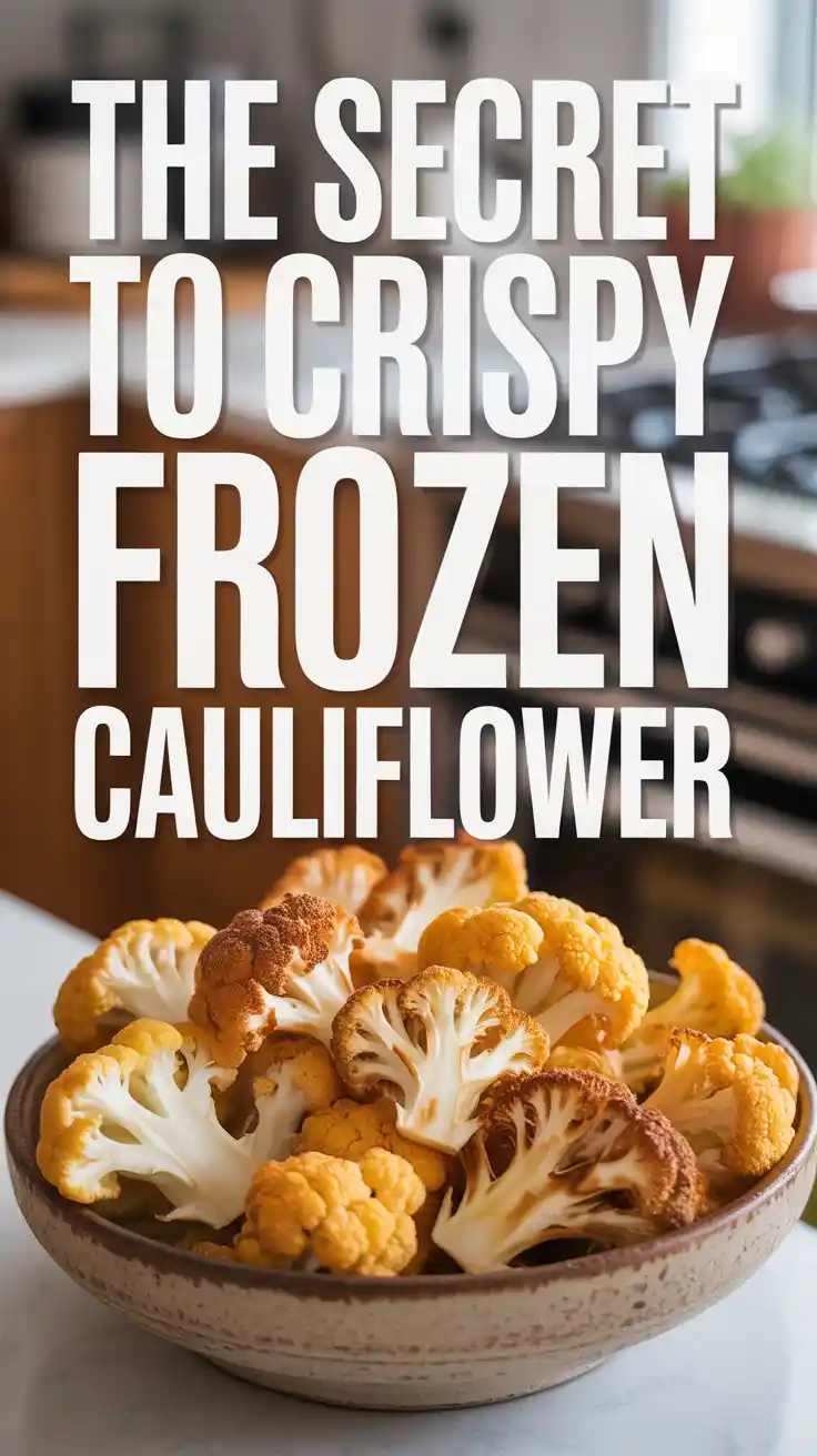 A Pinterest pin with the text "The Secret to CRISPY Frozen Cauliflower" over a photo of a bowl of delicious, roasted cauliflower.