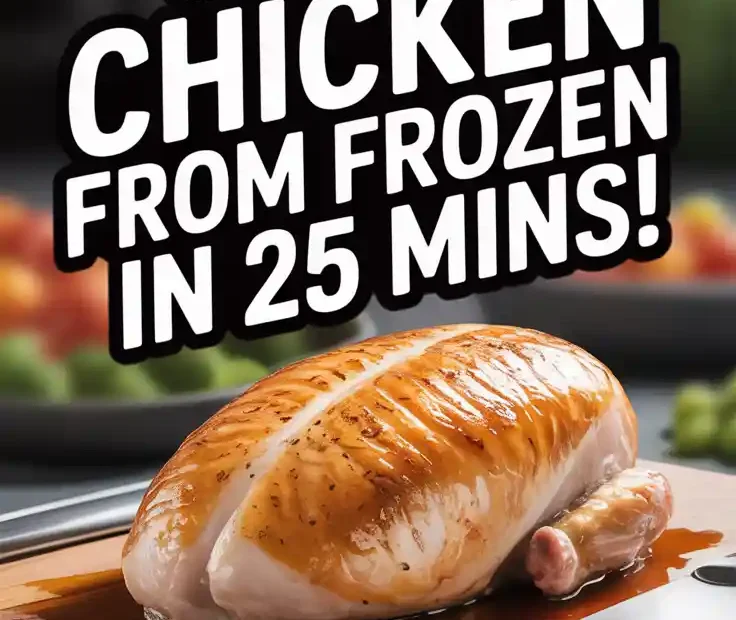 A Pinterest pin with the text "Dinner Emergency? Cook Chicken From FROZEN in 25 Mins!" over a photo of a juicy, sliced air-fried chicken breast.