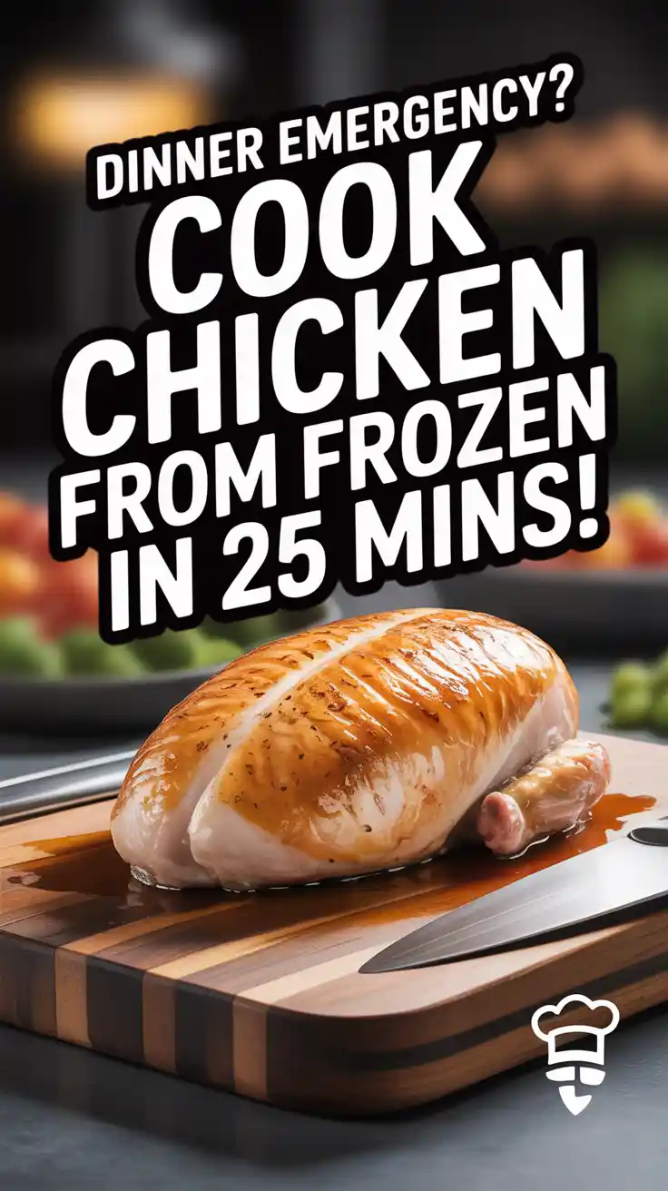 A Pinterest pin with the text "Dinner Emergency? Cook Chicken From FROZEN in 25 Mins!" over a photo of a juicy, sliced air-fried chicken breast.