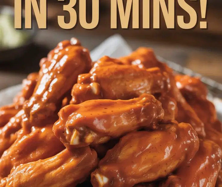 A Pinterest pin with the text "CRISPY WINGS From FROZEN in 30 Mins!" over a photo of a delicious pile of buffalo wings.
