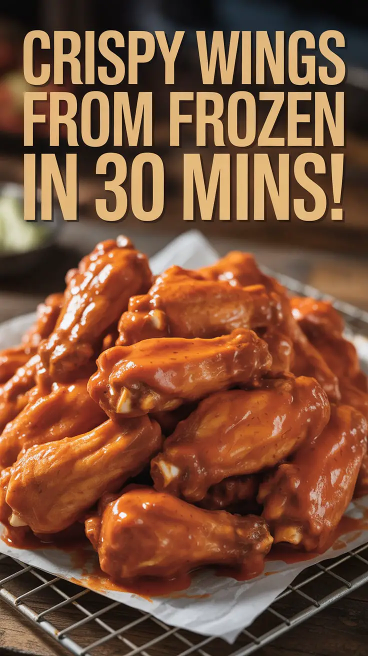 A Pinterest pin with the text "CRISPY WINGS From FROZEN in 30 Mins!" over a photo of a delicious pile of buffalo wings.
