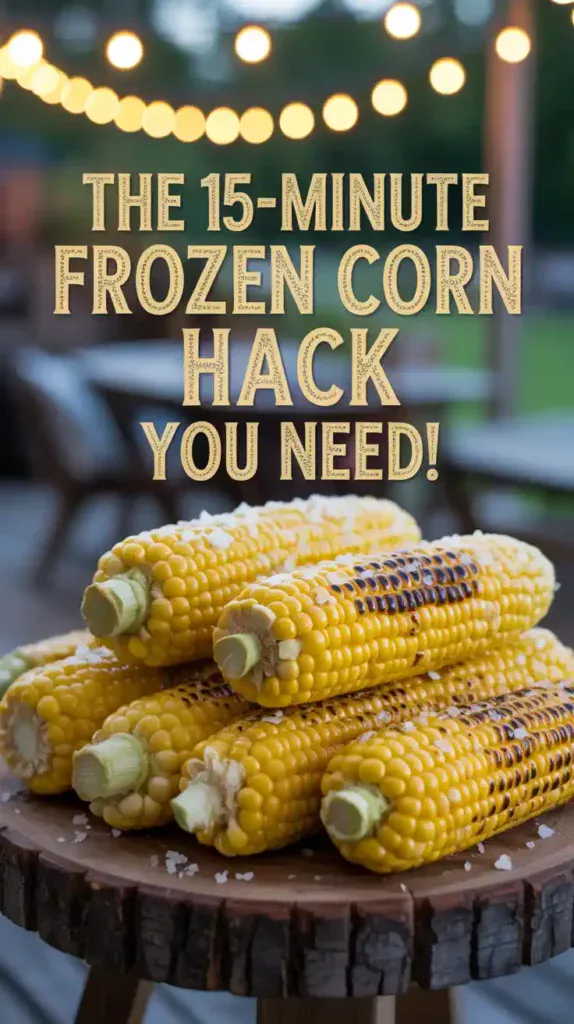 A Pinterest pin with the text "The 15-Minute Frozen Corn Hack You Need!" over a photo of air-fried corn on a platter.