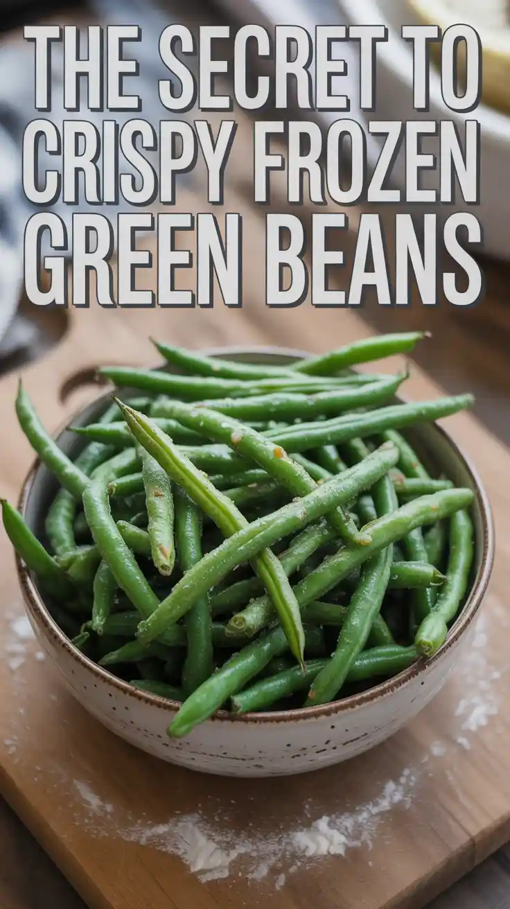 A Pinterest pin with the text "The Secret to CRISPY Frozen Green Beans" over a photo of a bowl of delicious, roasted green beans.