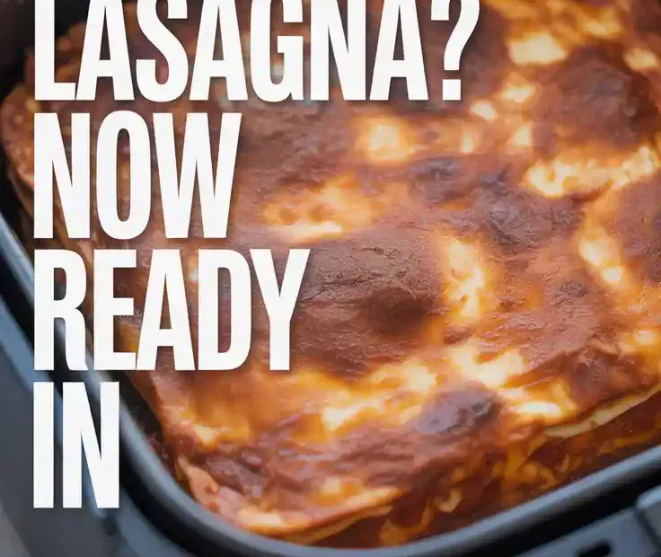 A Pinterest pin with the text "That 90-Minute Lasagna? Now Ready in 30." over a photo of a perfectly cooked frozen lasagna.