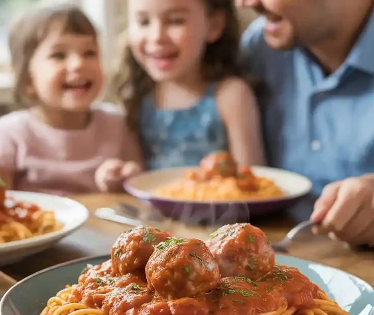 A collage showing three ways to serve air fryer meatballs: as an appetizer, in a sub, and with spaghetti.