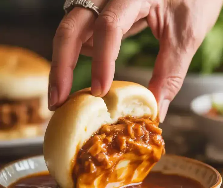 A Pinterest pin with the text "The Air Fryer Pork Bun HACK You Need to Know" over a photo of an air-fried pork bun being dipped in sauce.