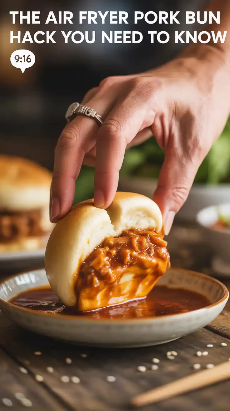 A Pinterest pin with the text "The Air Fryer Pork Bun HACK You Need to Know" over a photo of an air-fried pork bun being dipped in sauce.
