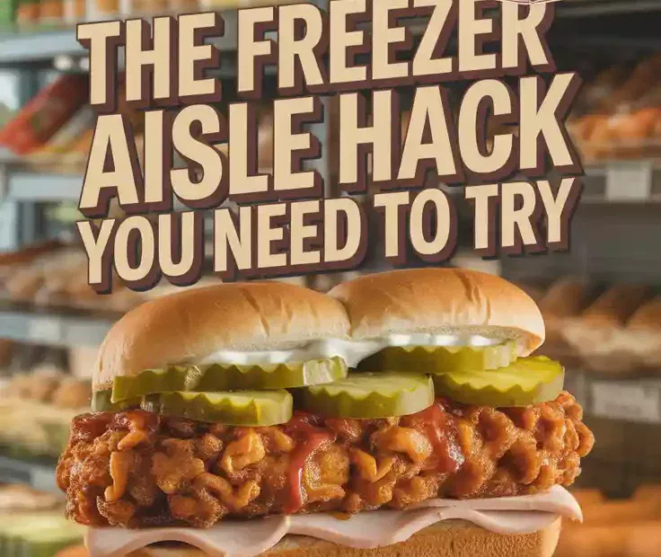 A Pinterest pin with the text "The Freezer Aisle Hack You NEED to Try" over a photo of a crispy pork fritter sandwich.