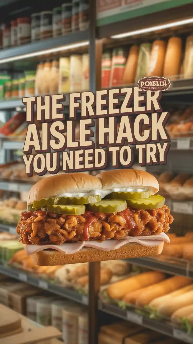 A Pinterest pin with the text "The Freezer Aisle Hack You NEED to Try" over a photo of a crispy pork fritter sandwich.
