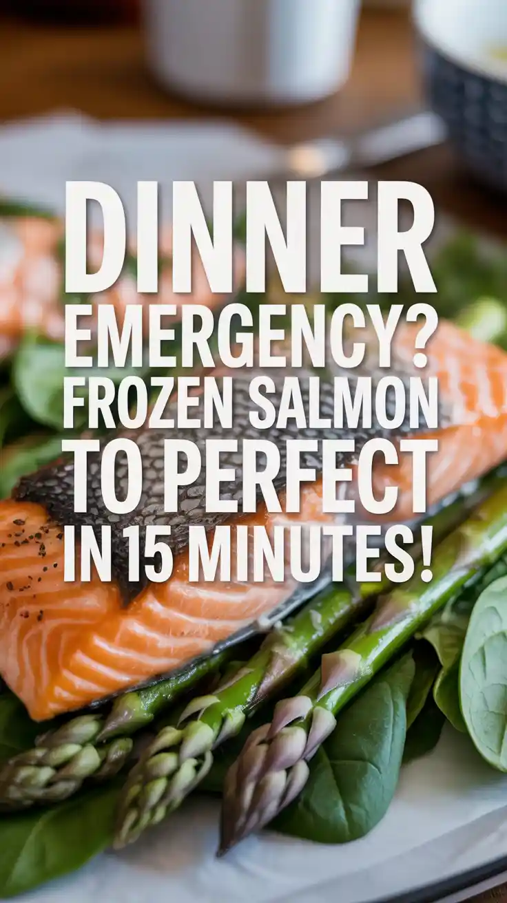 A Pinterest pin with the text "Dinner Emergency? Frozen Salmon to Perfect in 15 Minutes!" over a photo of a healthy, cooked salmon dinner.