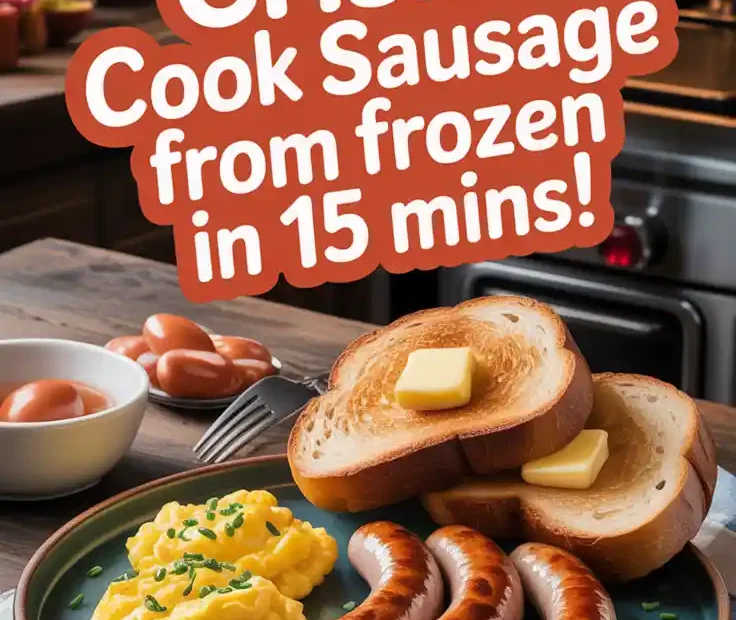 A Pinterest pin with the text "Breakfast Crisis? Cook Sausage From FROZEN in 15 Mins!" over a photo of a delicious sausage and egg breakfast.