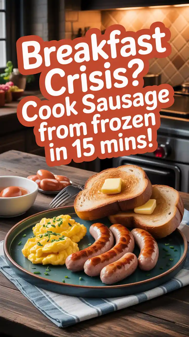 A Pinterest pin with the text "Breakfast Crisis? Cook Sausage From FROZEN in 15 Mins!" over a photo of a delicious sausage and egg breakfast.