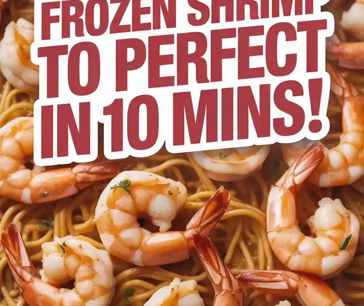 A Pinterest pin with the text "Dinner Panic? Frozen Shrimp to Perfect in 10 Mins!" over a photo of shrimp pasta.