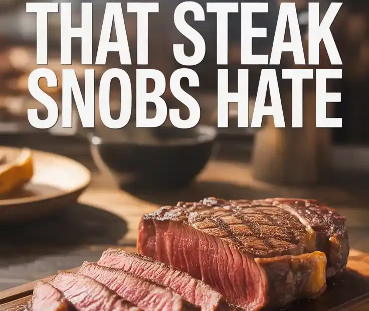 A Pinterest pin with the text "The Frozen Steak Hack That Steak Snobs Hate" over a photo of a juicy, sliced steak.