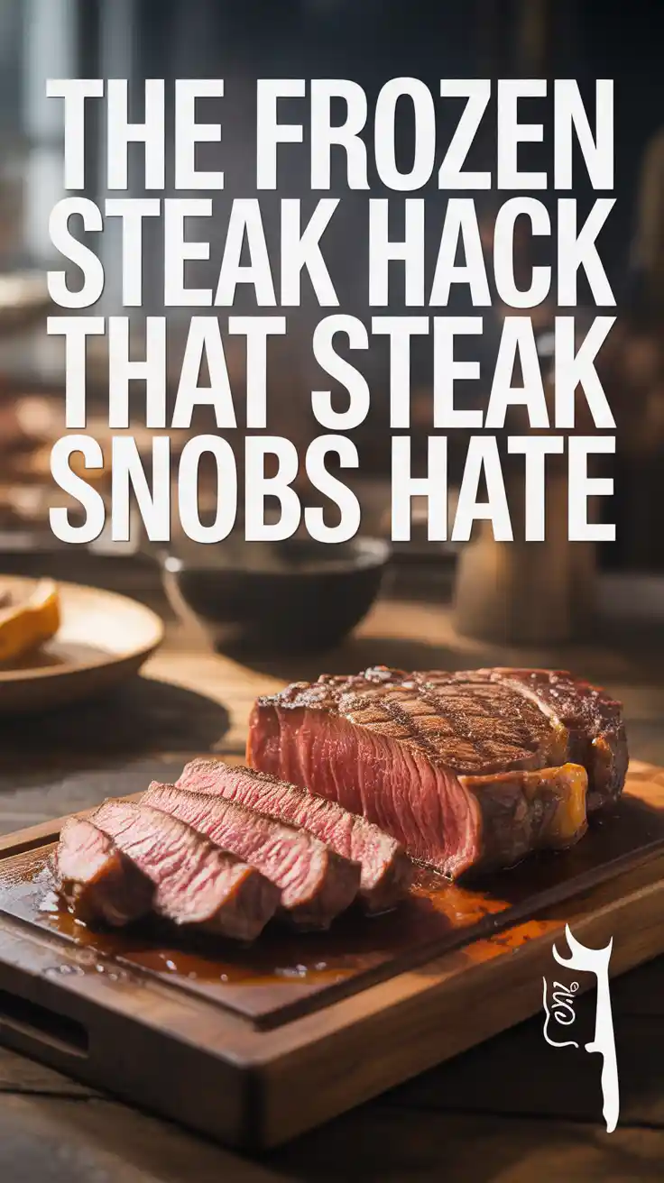 A Pinterest pin with the text "The Frozen Steak Hack That Steak Snobs Hate" over a photo of a juicy, sliced steak.