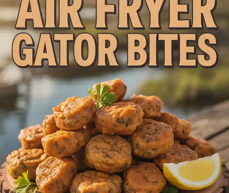A Pinterest pin with the text "Dare to Try? The BEST Air Fryer Gator Bites" over a photo of crispy, fried alligator meat.