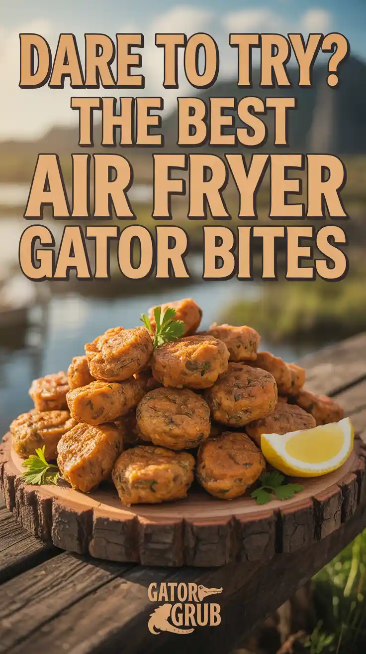 A Pinterest pin with the text "Dare to Try? The BEST Air Fryer Gator Bites" over a photo of crispy, fried alligator meat.