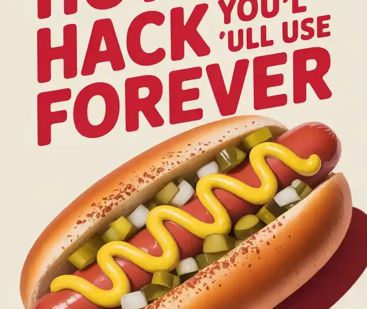 A Pinterest pin with text "The 5-Minute Hot Dog Hack You'll Use Forever" over a photo of a perfectly made hot dog.