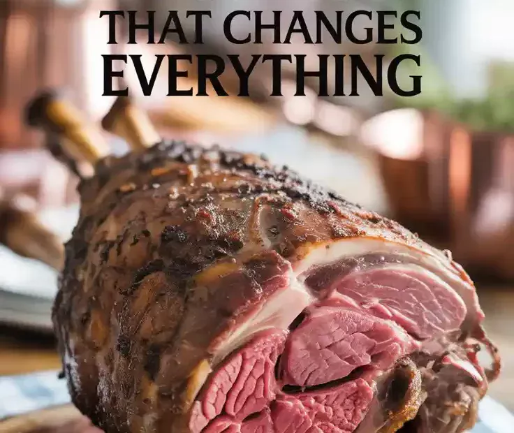 A Pinterest pin with the text "The Air Fryer Roast That Changes Everything" over a photo of a perfectly carved roast leg of lamb.
