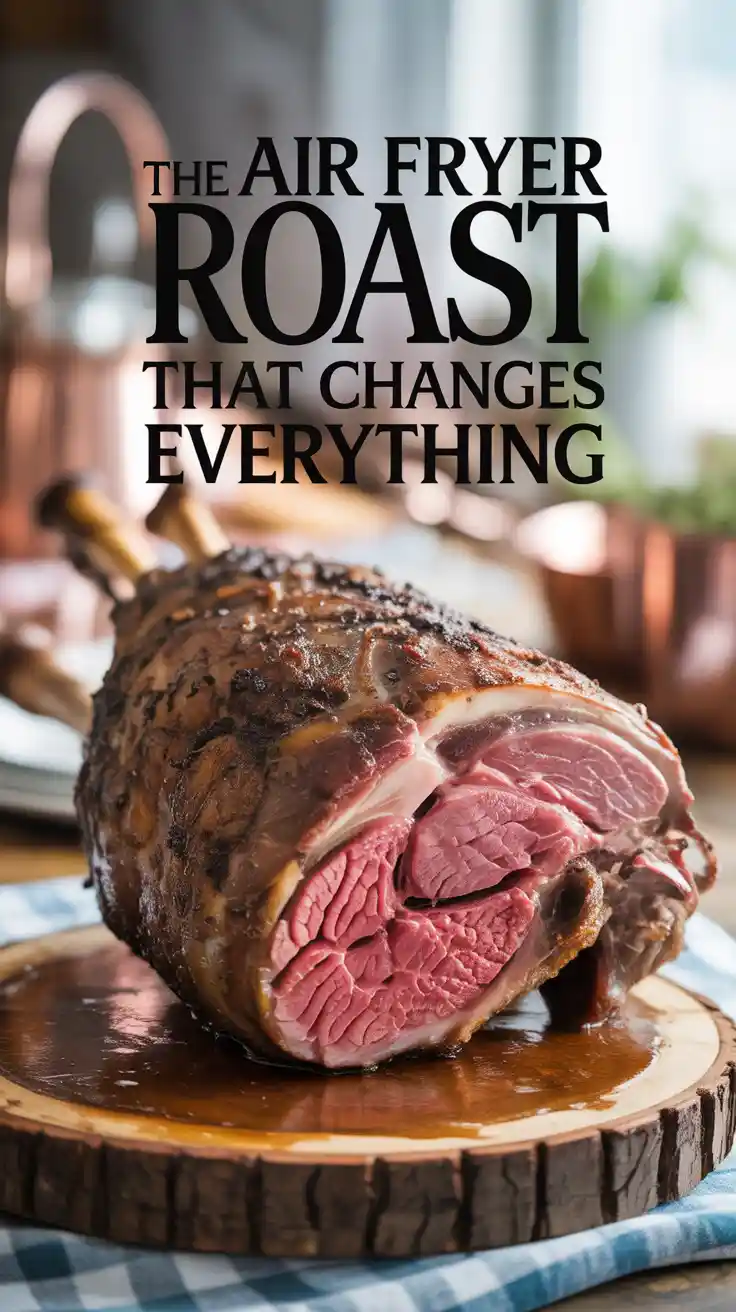 A Pinterest pin with the text "The Air Fryer Roast That Changes Everything" over a photo of a perfectly carved roast leg of lamb.