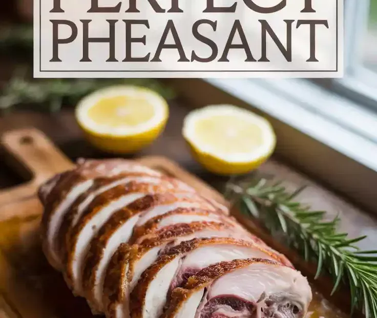 A Pinterest pin with the text "The Foolproof Way to Cook Perfect Pheasant" over a photo of a juicy, sliced pheasant breast.