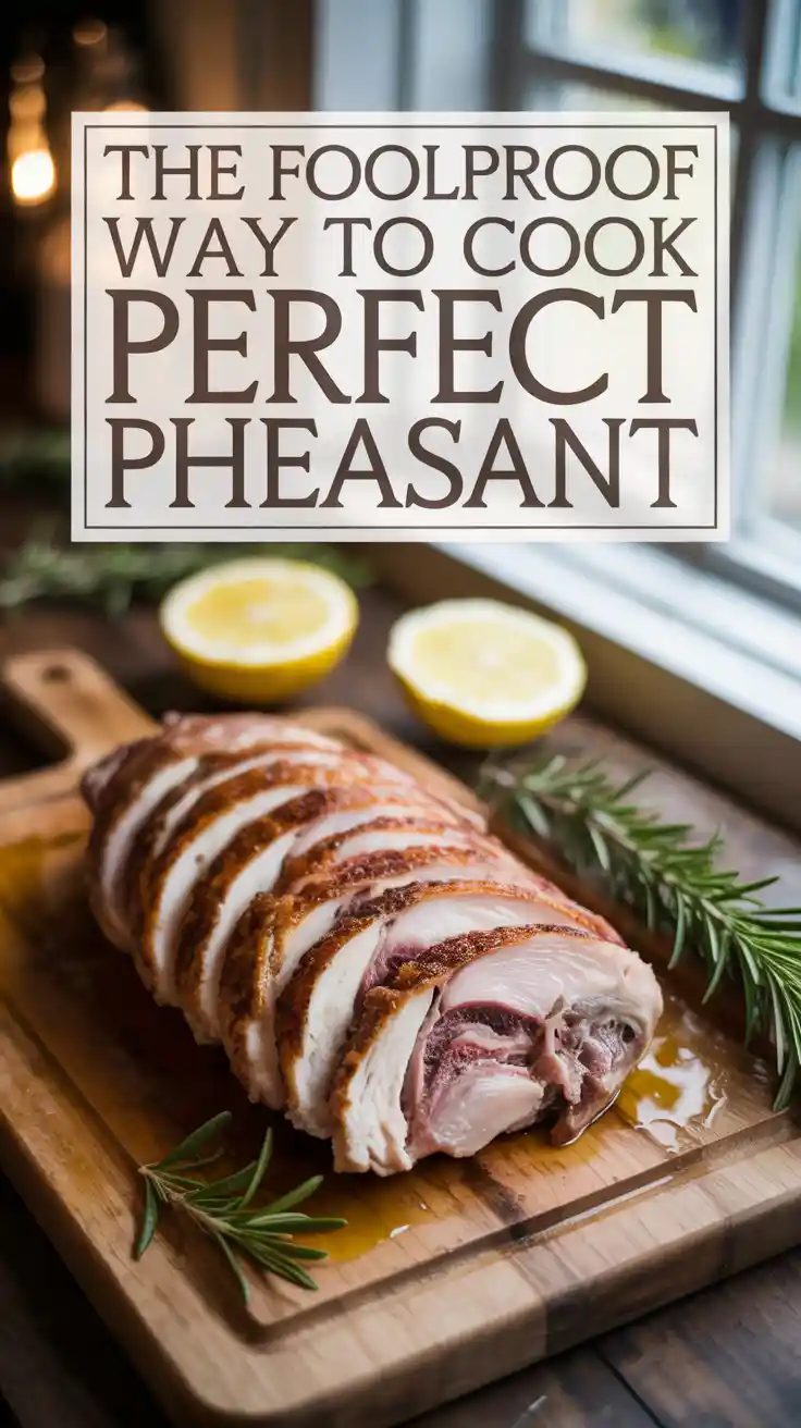 A Pinterest pin with the text "The Foolproof Way to Cook Perfect Pheasant" over a photo of a juicy, sliced pheasant breast.