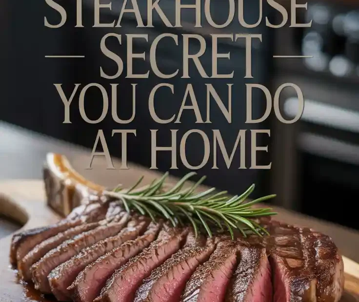 A Pinterest pin with the text "The Steakhouse Secret You Can Do At Home" over a photo of a perfectly sliced porterhouse steak.