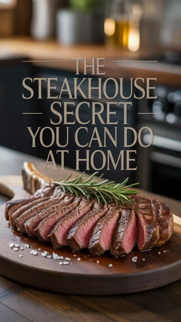 A Pinterest pin with the text "The Steakhouse Secret You Can Do At Home" over a photo of a perfectly sliced porterhouse steak.