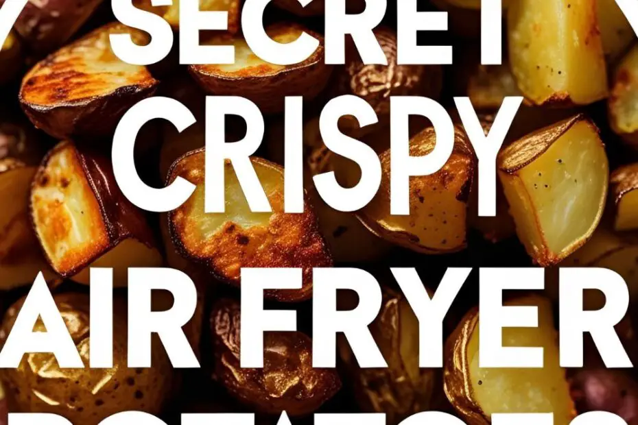 A Pinterest pin with the text "The Secret to a Crispy Air Fryer Potatoes" over a picture of golden, crispy potatoes in a bowl.