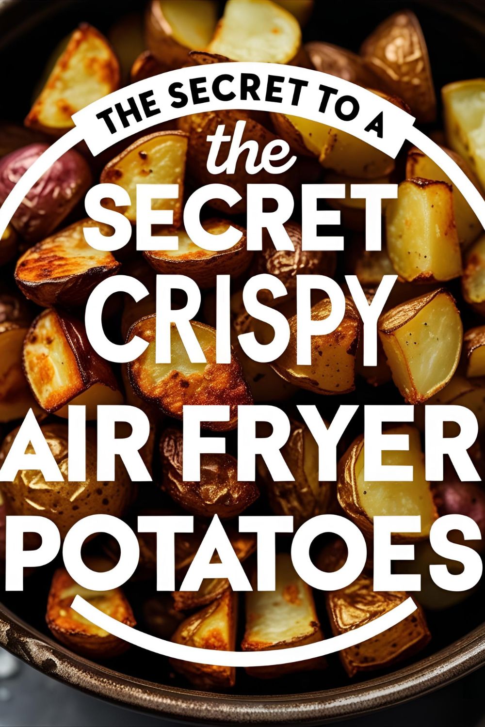 A Pinterest pin with the text "The Secret to a Crispy Air Fryer Potatoes" over a picture of golden, crispy potatoes in a bowl.