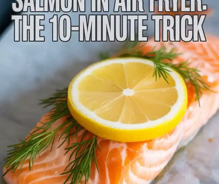 A vertical Pinterest pin showing a perfectly cooked salmon fillet with a text overlay that reads: How long to cook salmon in air fryer.